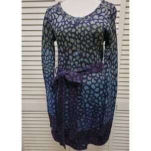 MOTH Anthropologie SZ S Wool/Alpaca Cardigan Sweater Dress Blue Leopard Ombre